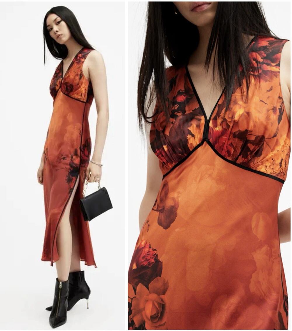 AllSaints Karla Silk Blend Slip Floral Midi Dress Burnt Orange US 6